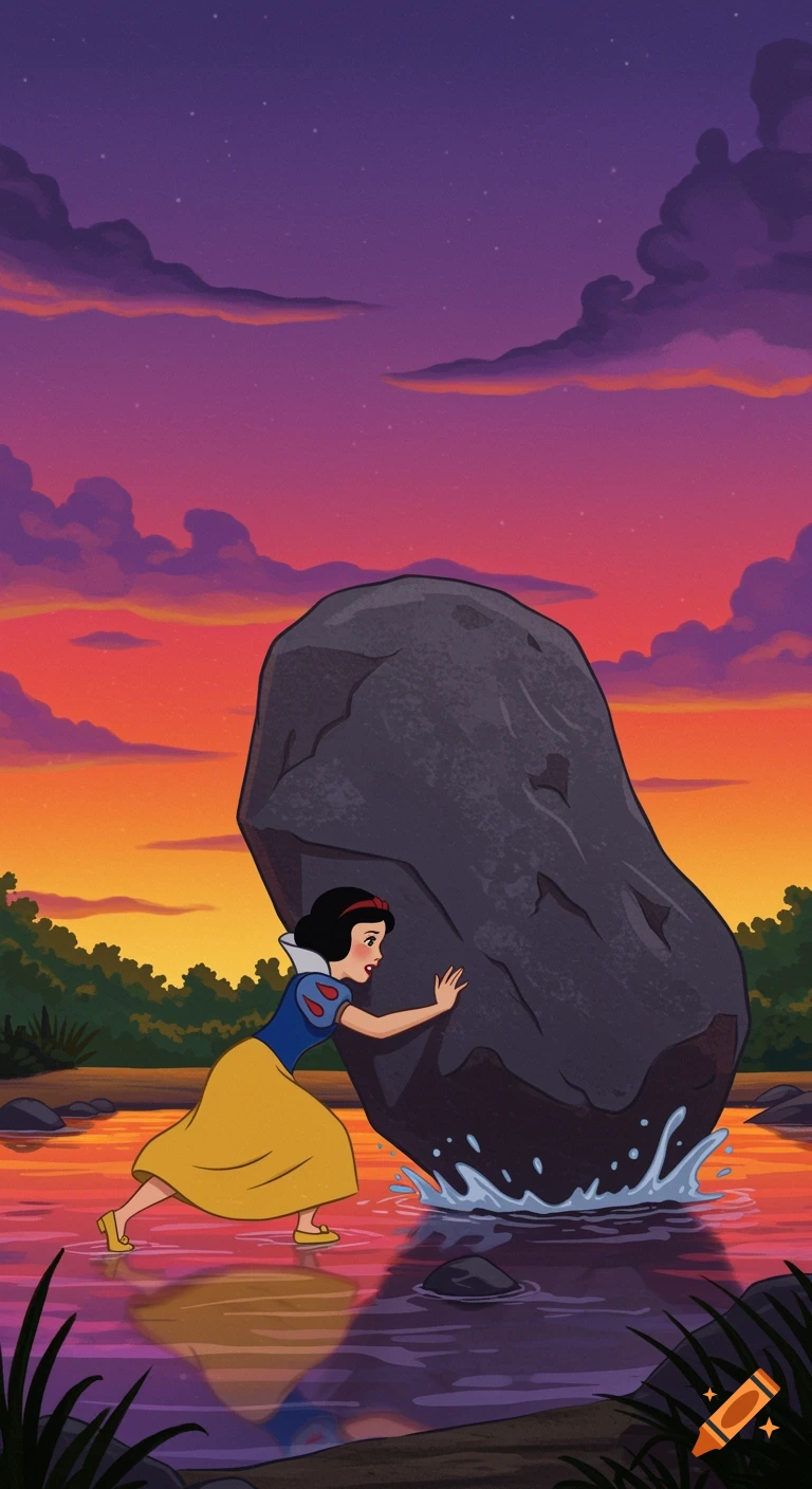 Snow White pushes a large rock in a river at sunset, 2D digital art.