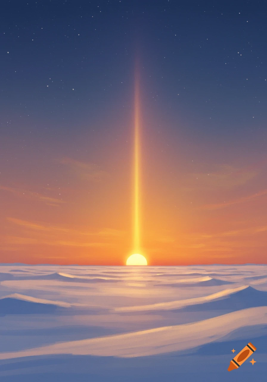A bright golden light beam shoots up from the setting sun over a snowy landscape beneath a starry sky.
