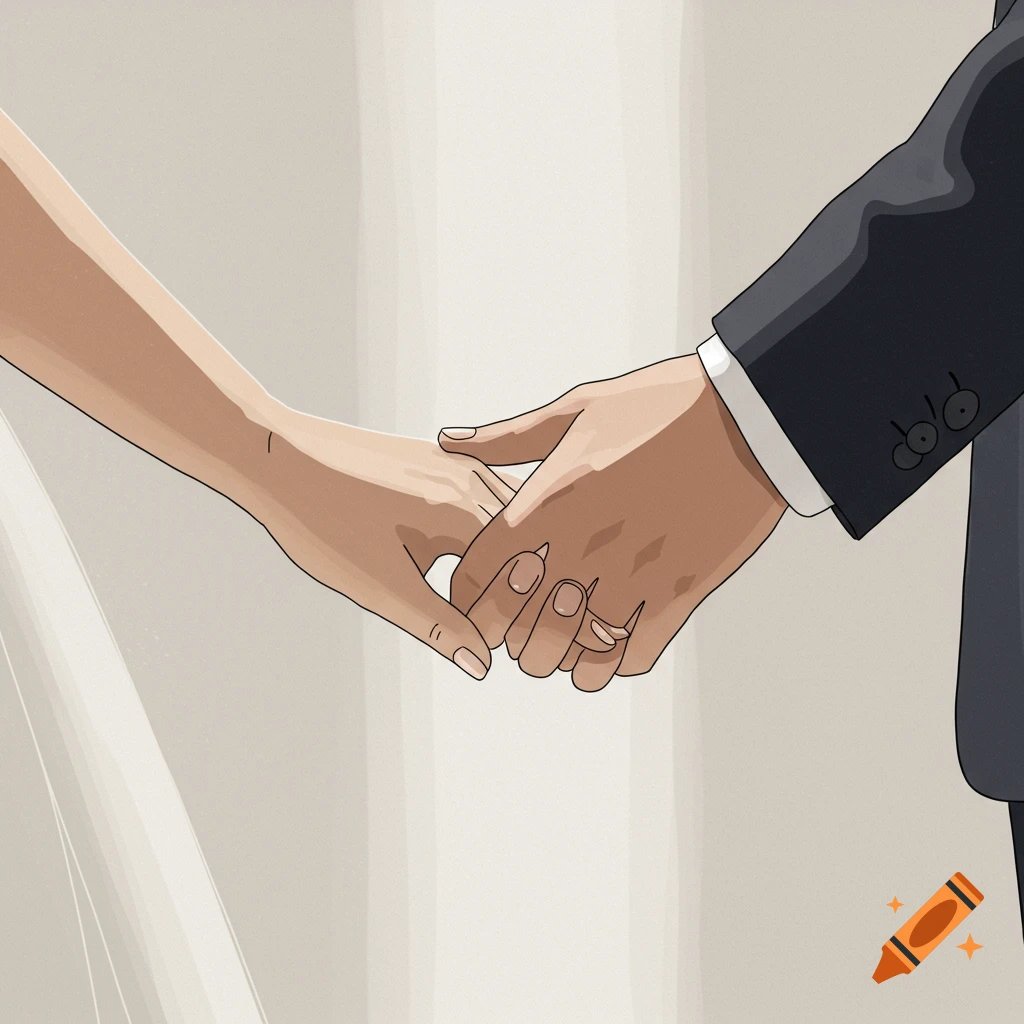 Close-up of two hands holding, one with a wedding ring, in a minimalist, stylized wedding scene.