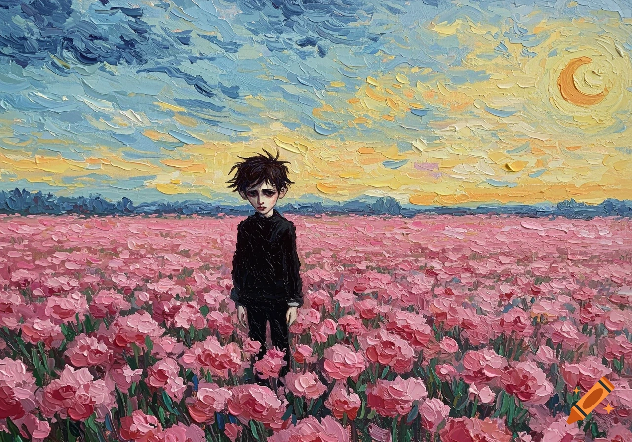 Painting in Van Gogh style of a gothic boy standing in a vast field of pink flowers under a stormy sky.
