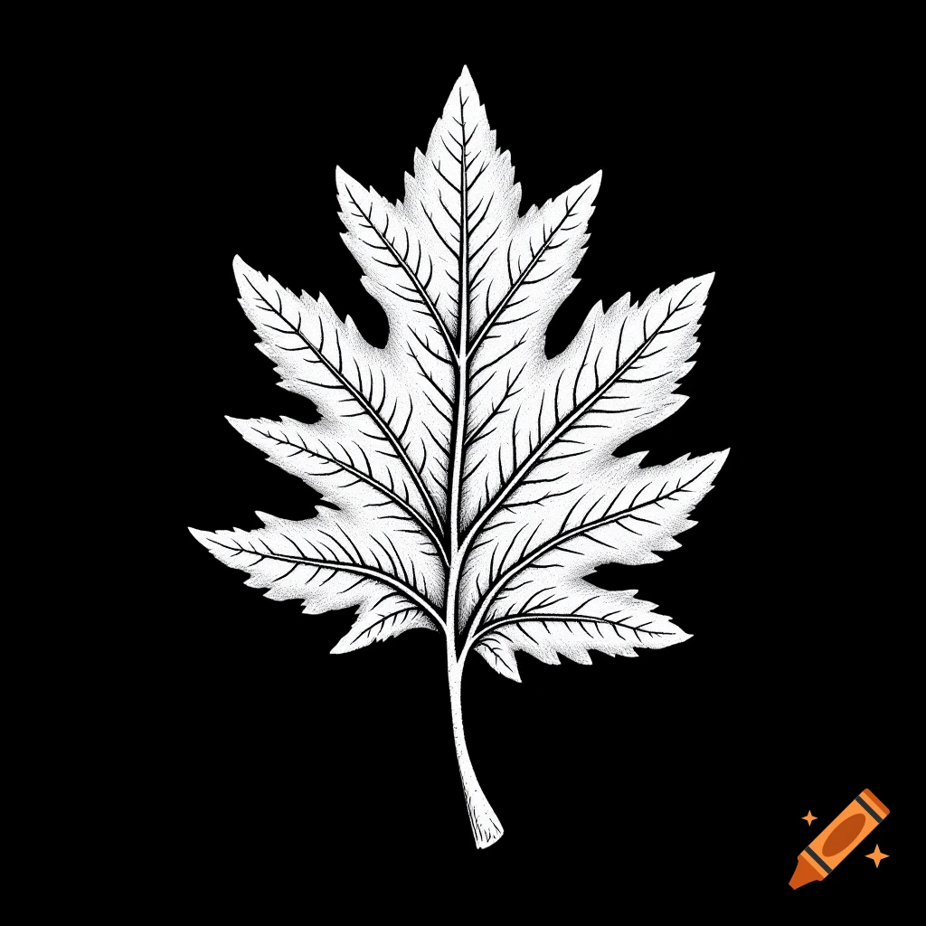 Black and white quill illustration of a detailed oak leaf on a black background.