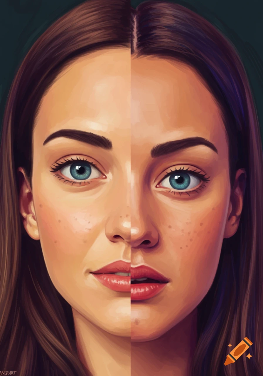 Digital painting of a woman's face split vertically, one side normal, other inverted.