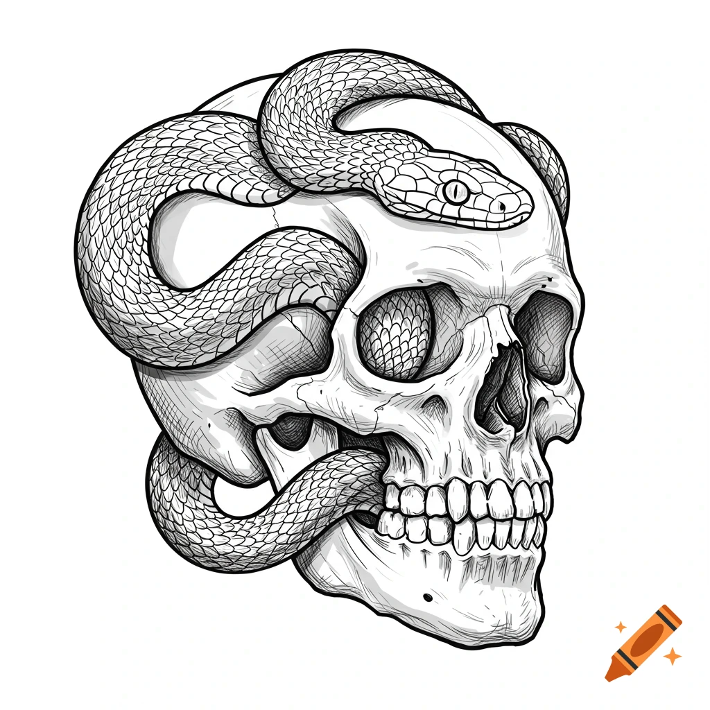 Sketch illustration of a skull with a snake wrapped around it