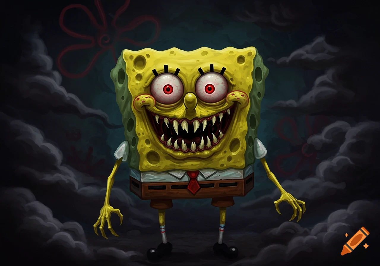 Creepy, distorted Spongebob Squarepants with sharp teeth and red eyes in a dark setting.