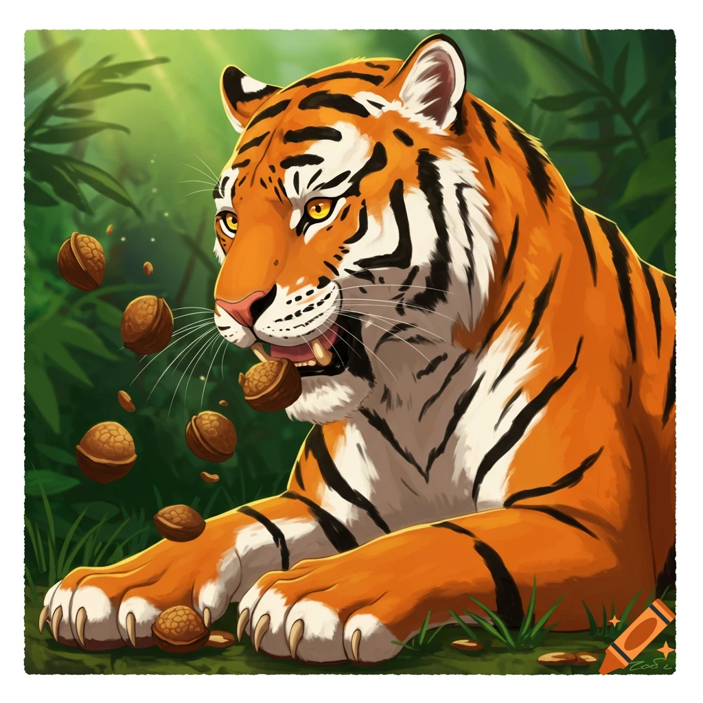 Illustration of a tiger eating nuts in a jungle.