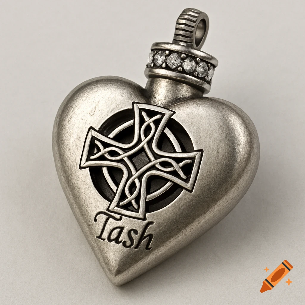 Close-up photo of a silver heart pendant with a celtic cross cutout, diamonds, and the name Tash engraved.