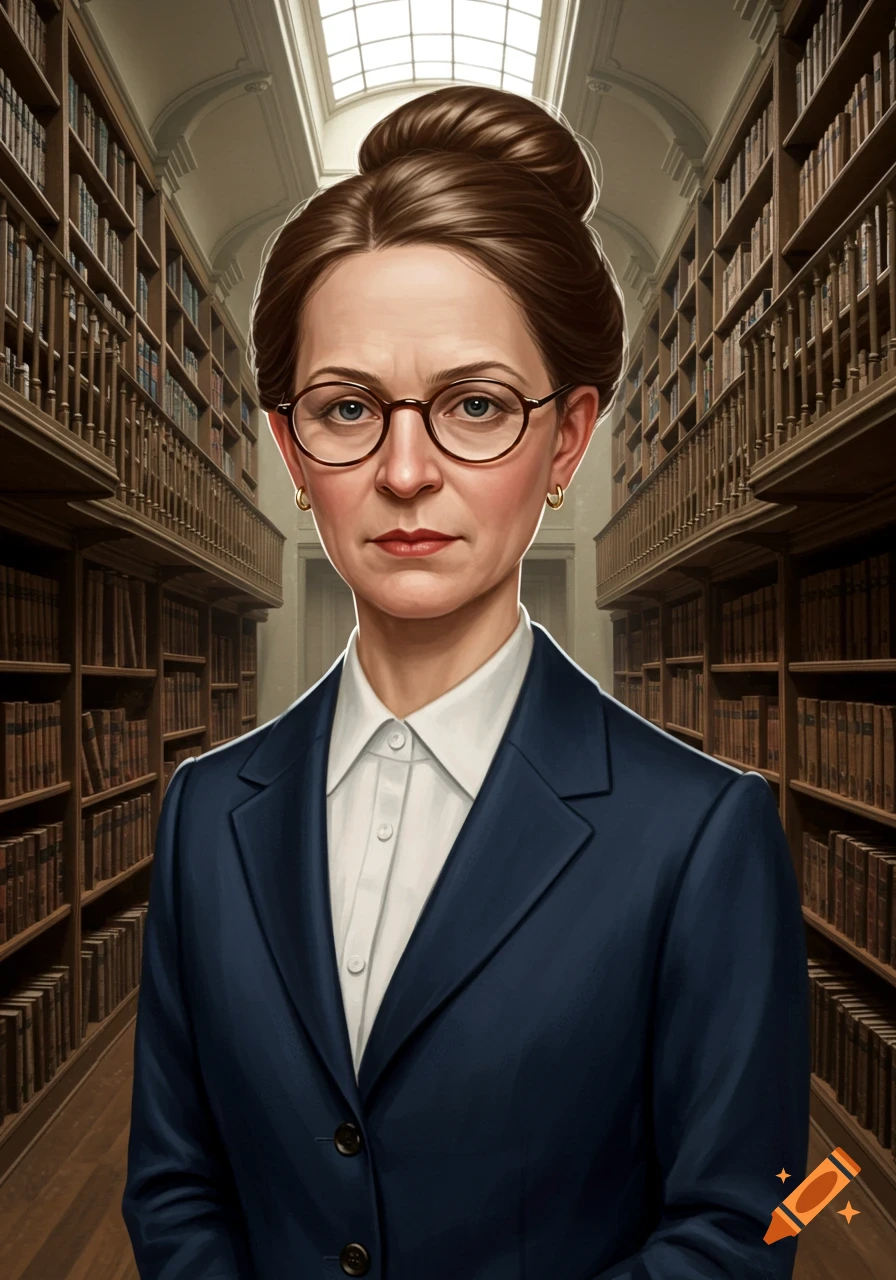 Realistic portrait of a woman in a suit and glasses standing in a library.