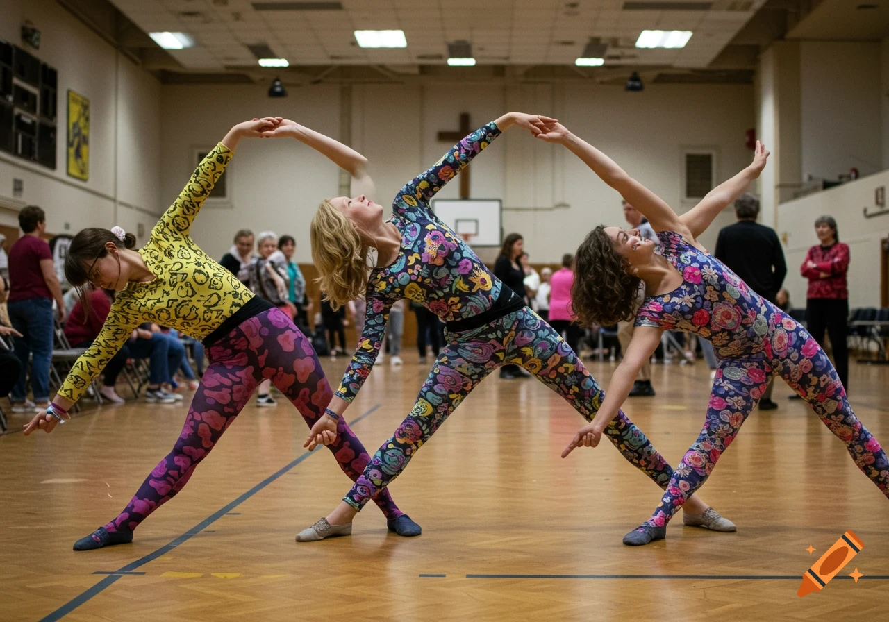 Three women in patterned leotards stretching in a hall, photograph.