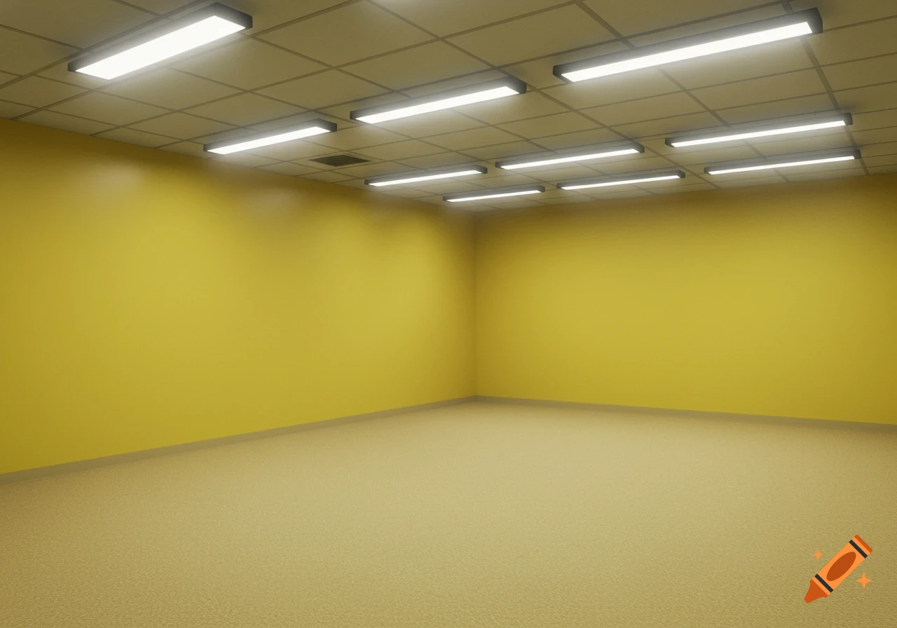 An empty room with bright yellow walls, beige carpet, and fluorescent ceiling lights creating a sterile atmosphere.