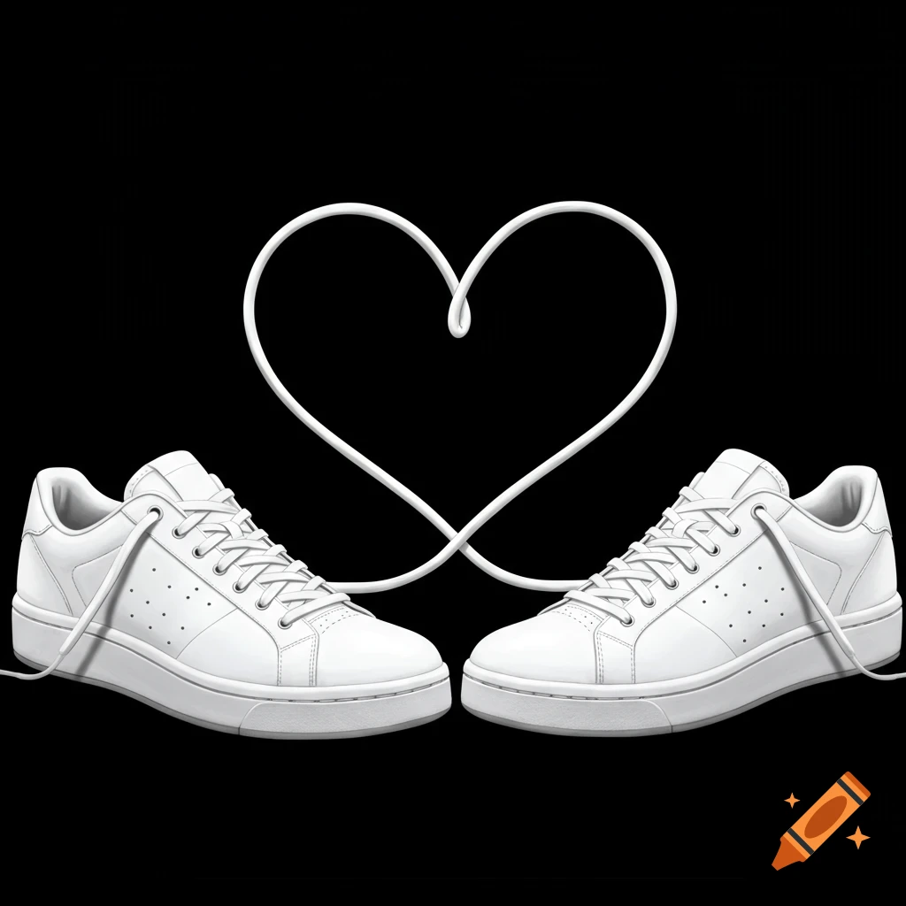 Two white sneakers facing each other with laces forming a heart on a black background.