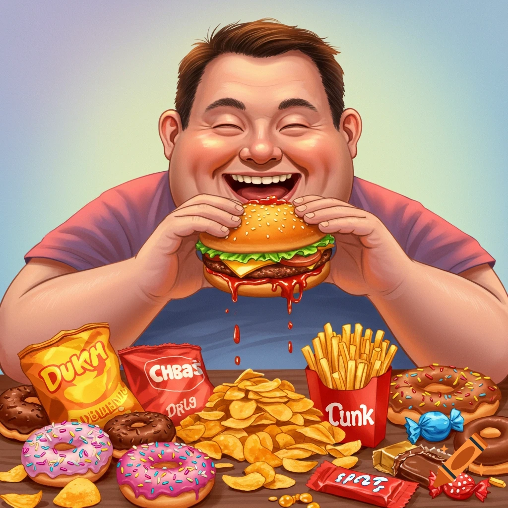 Illustration of a laughing man eating a burger, surrounded by junk food like donuts, chips, and fries.