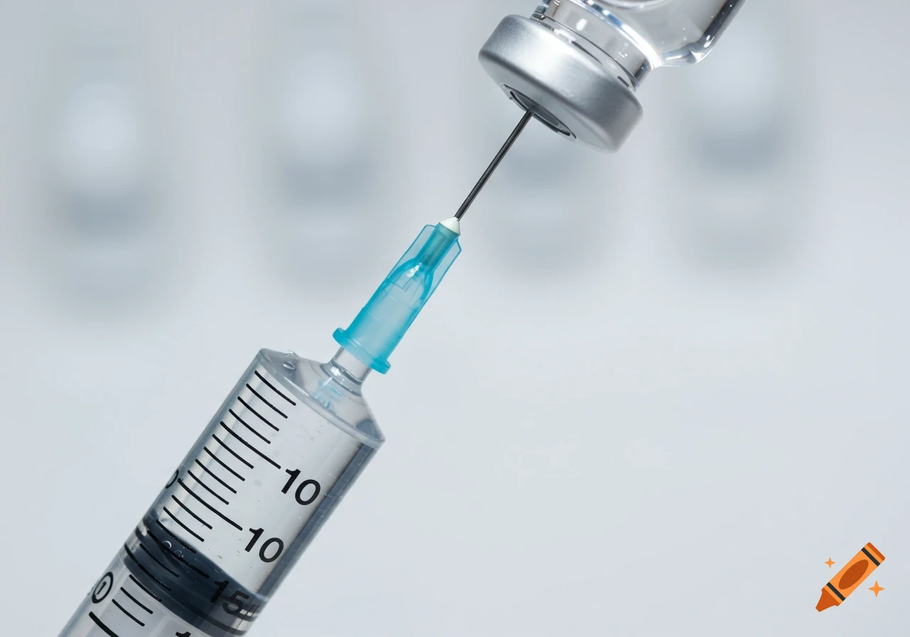 Close-up of a syringe needle entering a vial, pulling clear liquid.