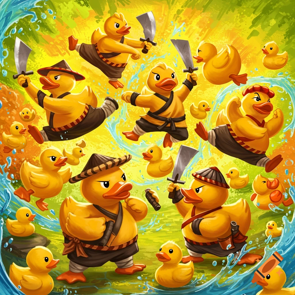 Numerous cartoon rubber ducks in martial arts stances fight with swords in a vibrant, action-packed scene.