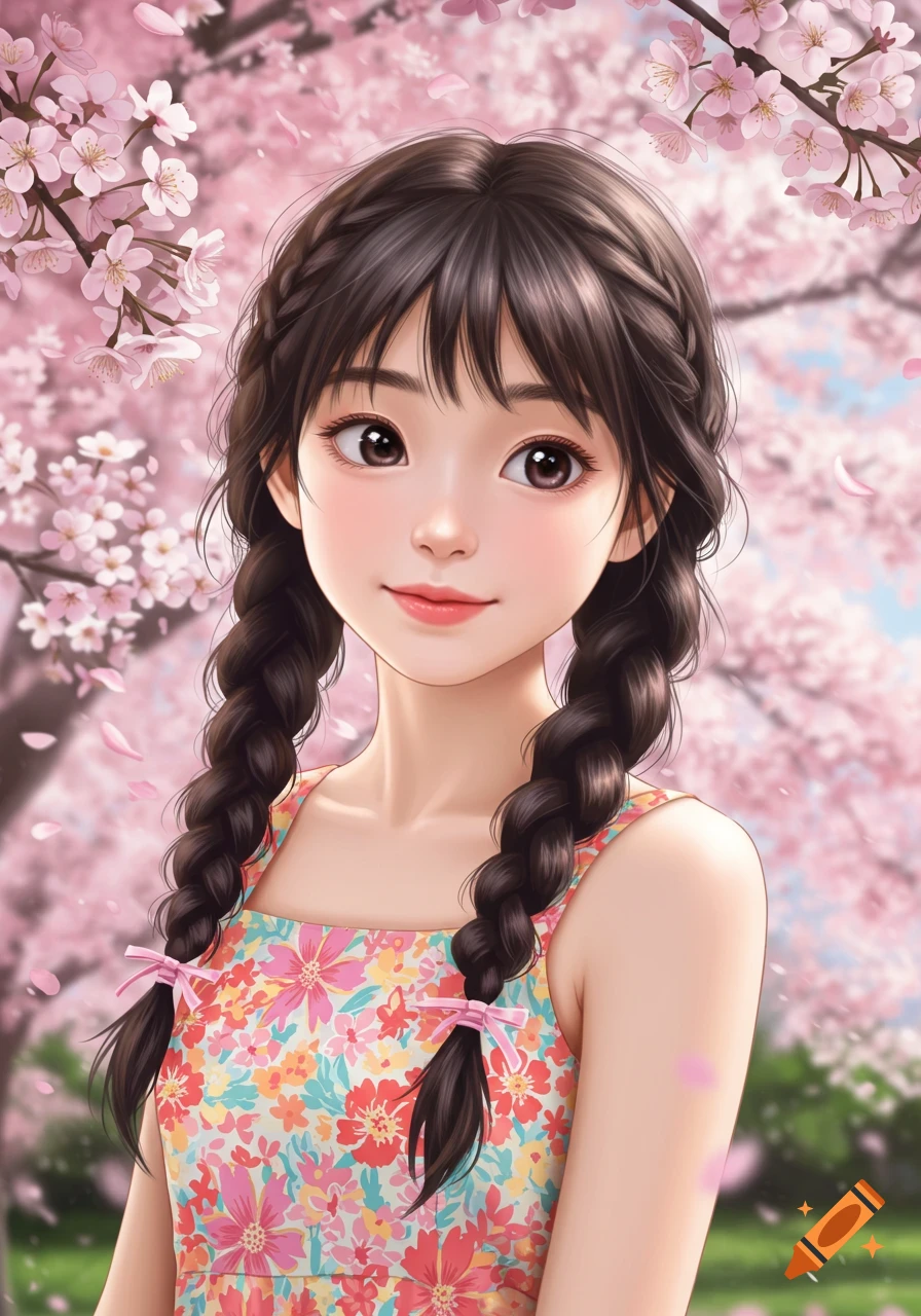 An anime illustration of a girl with braids in a floral dress standing among cherry blossoms.