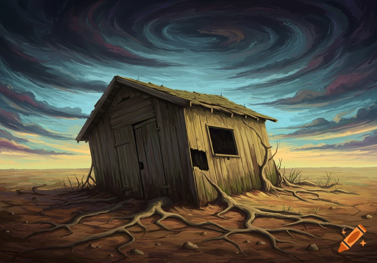 Illustrated old shed being pulled into the ground by roots under a swirling sky.