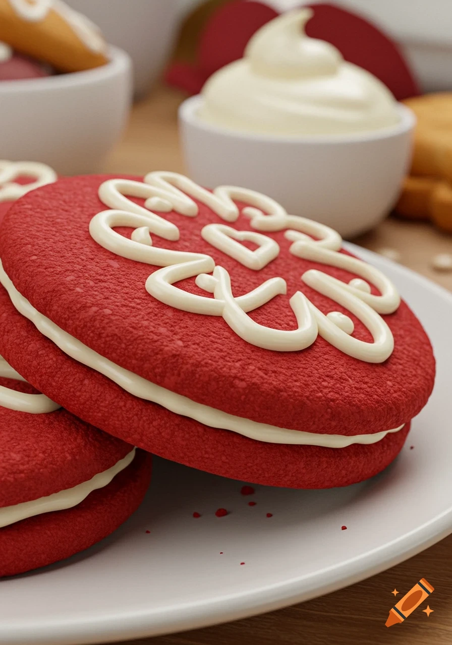 Close-up of red velvet cookies with white icing and cream
