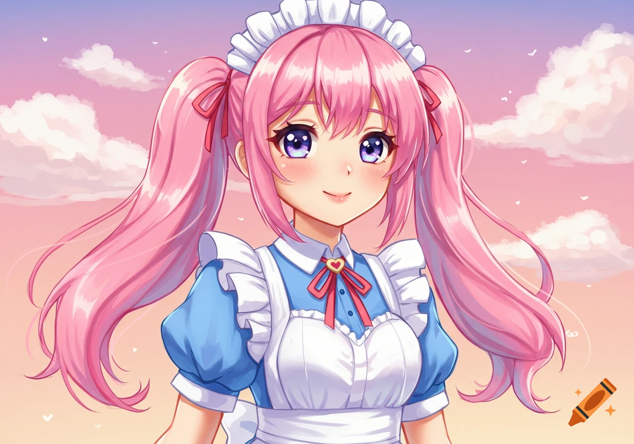 Anime girl with pink pigtails in a maid outfit against a pastel sky.