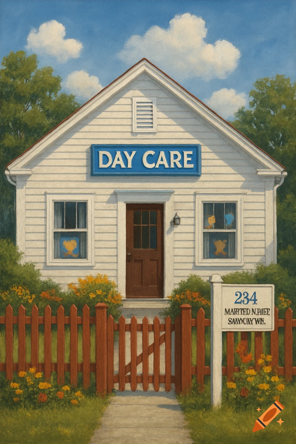 Painterly image of a white day care building with a red picket fence and signpost under a blue sky.