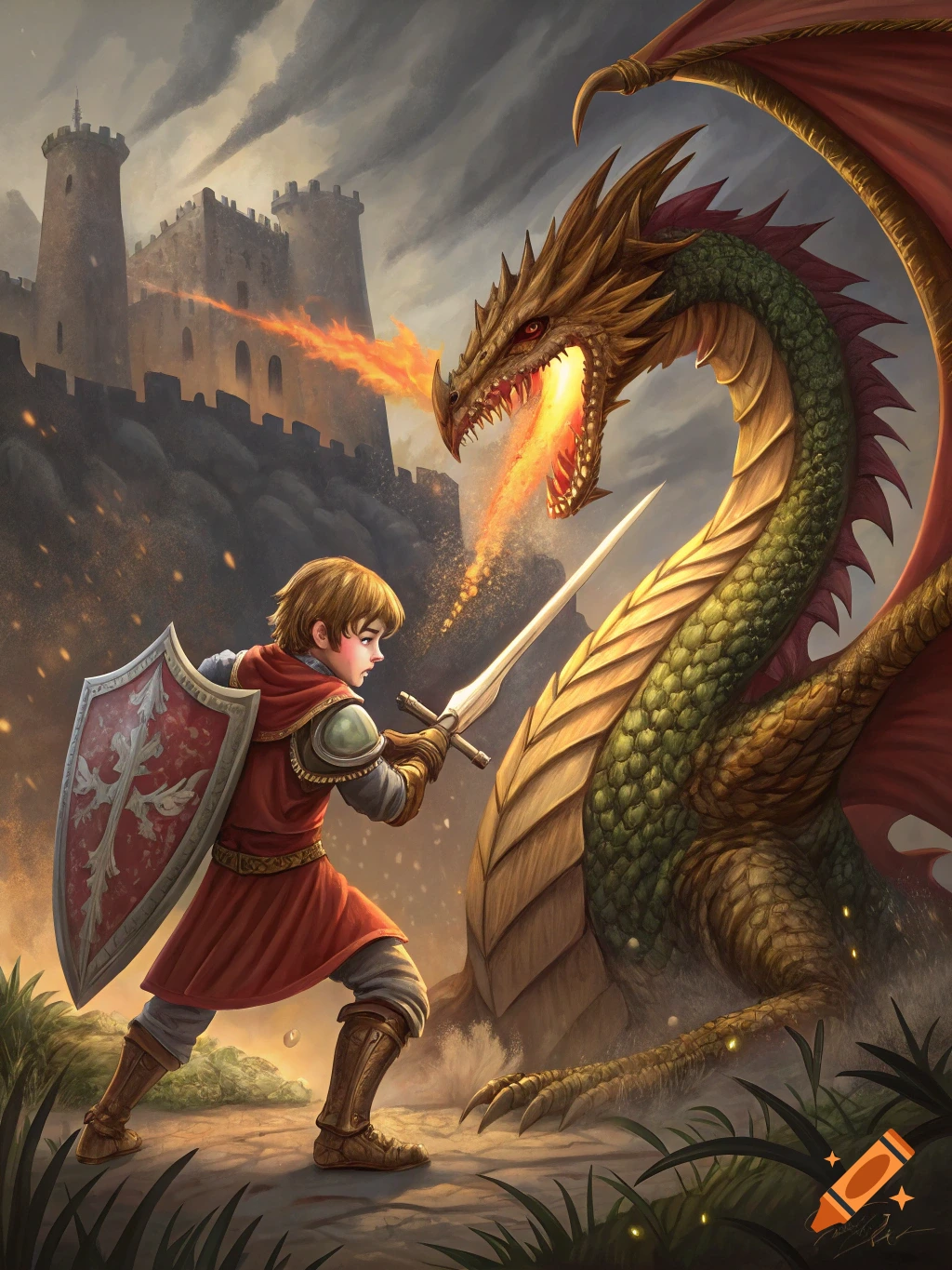 A young knight battles a fire-breathing dragon in front of a castle.