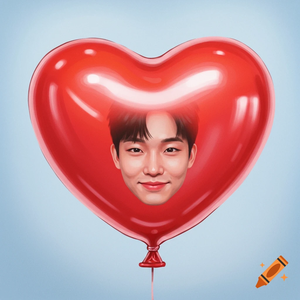 Man's face inside a red heart balloon on a blue background.