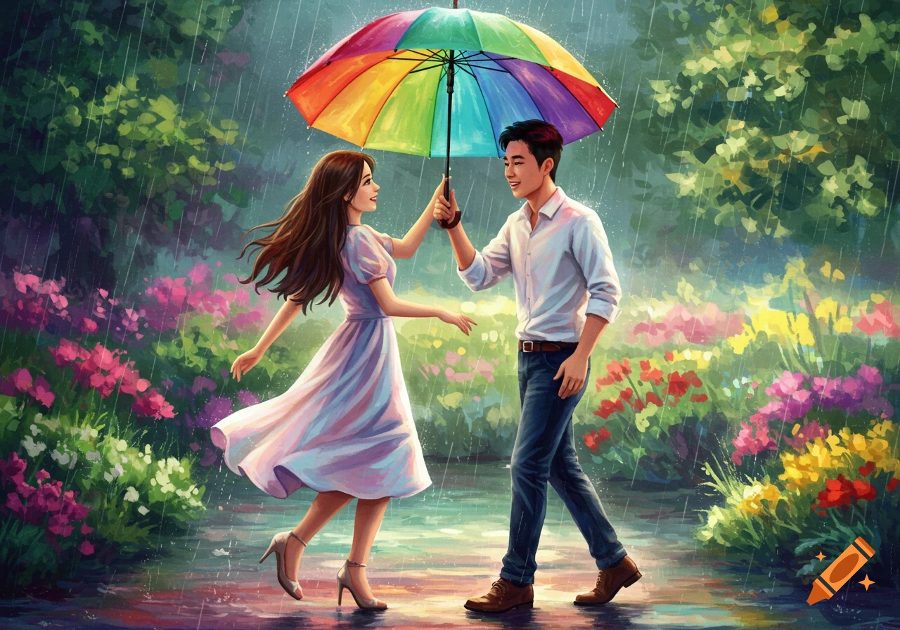 Couple dancing under a rainbow umbrella in the rain with flowers, painterly style.