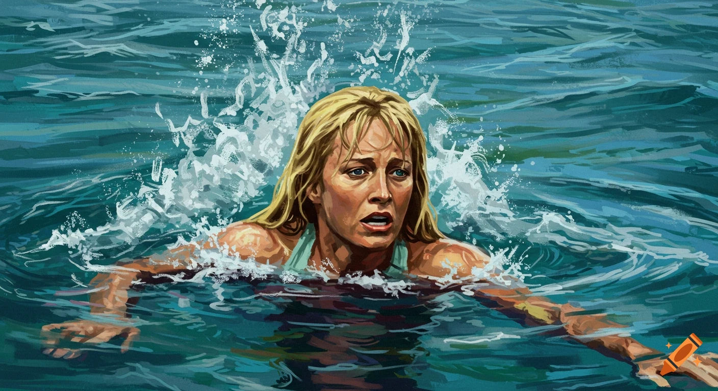 Illustration of a woman swimming in dark water with a fearful expression, water splashing around her.
