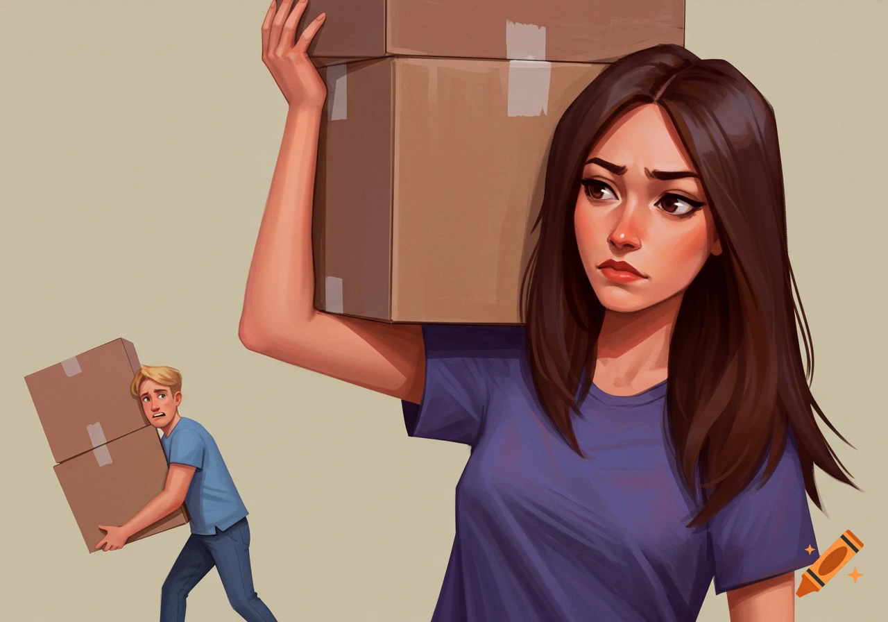 A stylized illustration shows a woman carrying a stack of boxes on her shoulder while a man carries two boxes in front of him.
