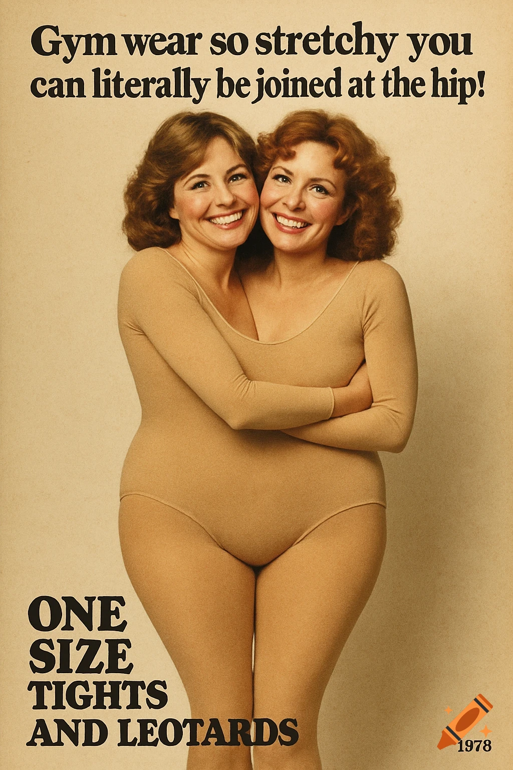 Vintage ad of two women merged into one body wearing a beige leotard, with text about stretchy gym wear.