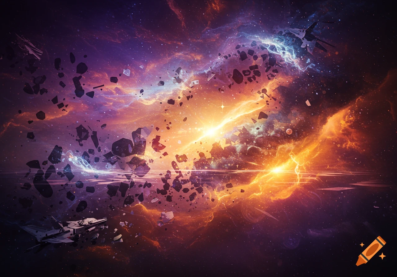 Vibrant space scene with nebula, asteroids, and abstract shapes.