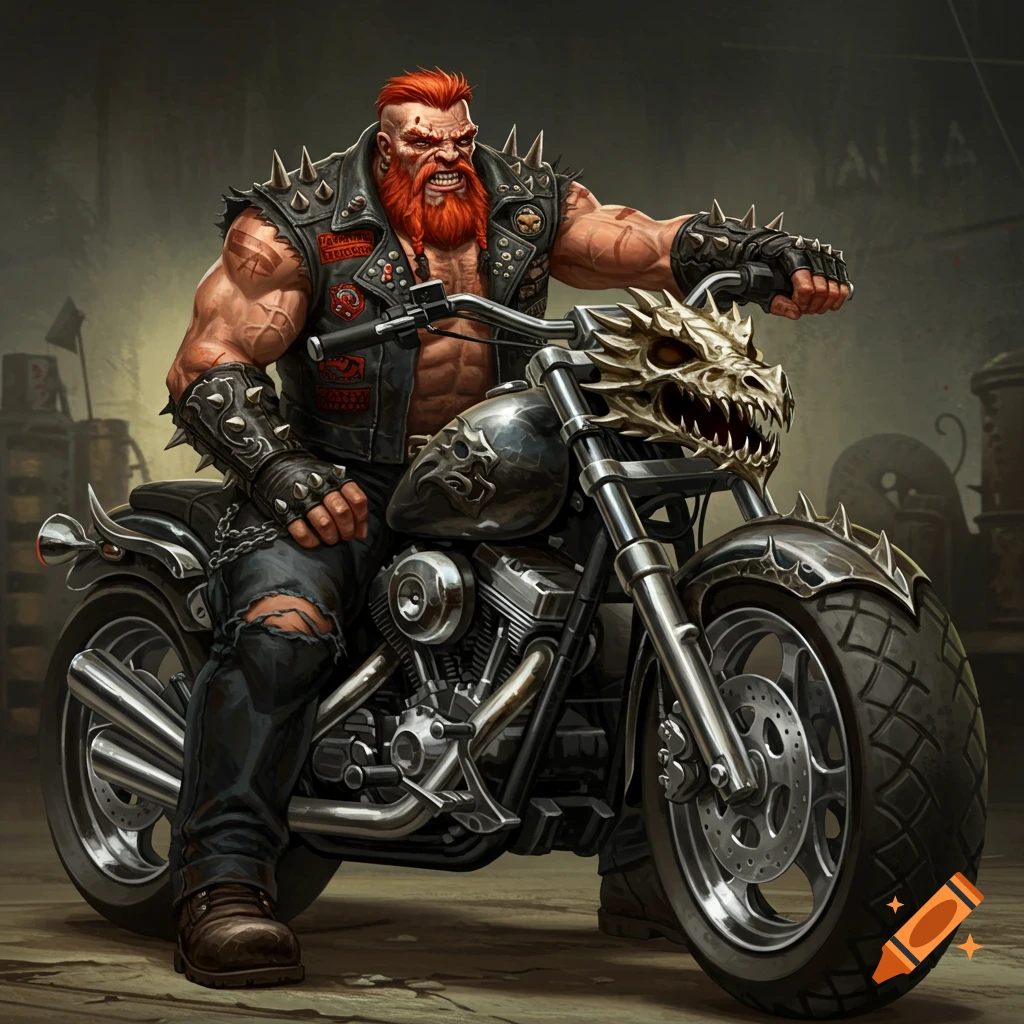 Stylized illustration of a muscular biker with red hair and beard on a motorcycle with a dragon skull headlamp.