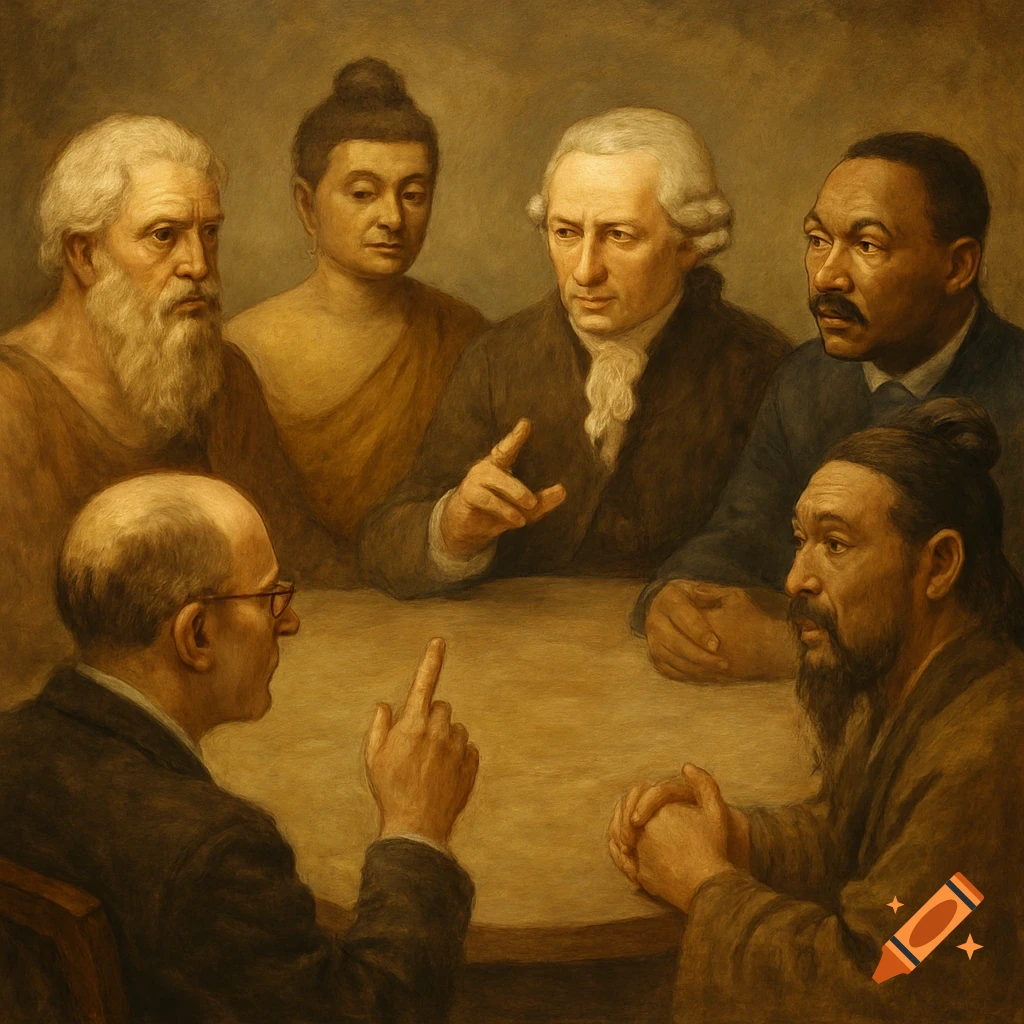 Painting of historical figures like Buddha, Kant, Confucius, and others debating at a table.