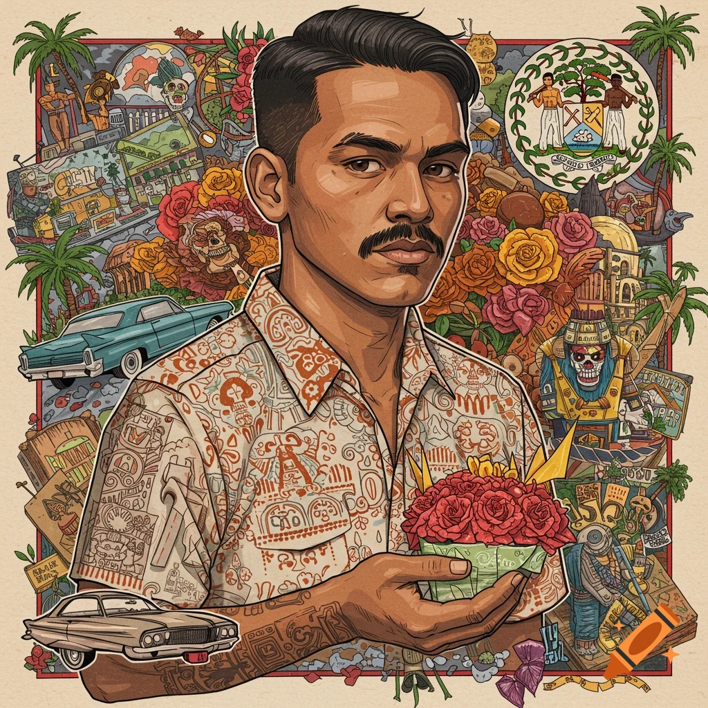 Illustration of a man holding red flowers with a detailed background of Mexican and Belize cultural symbols and classic cars.