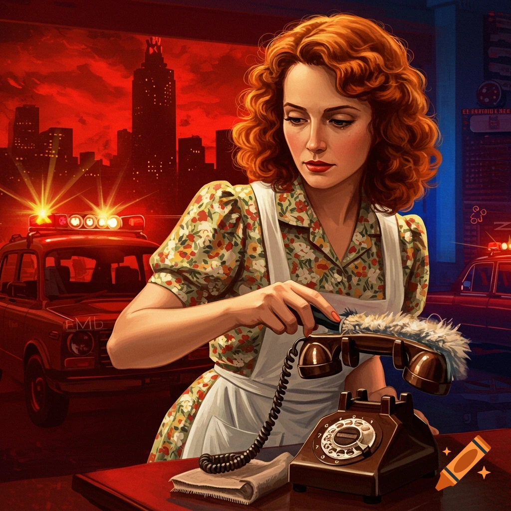 A woman dusting a vintage phone with police cars and city lights in the background.