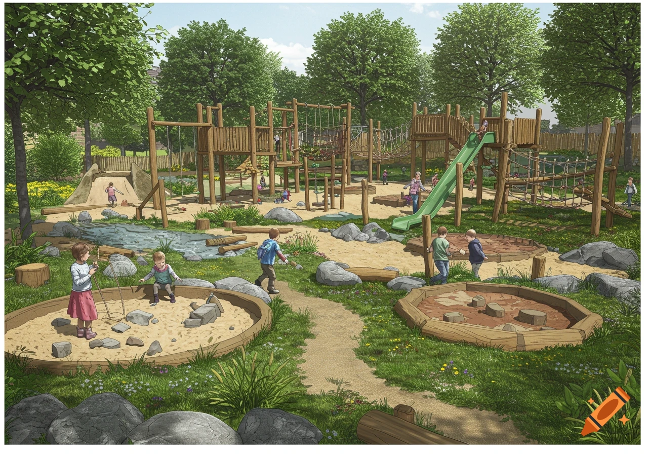 An illustration of a natural outdoor playground filled with children playing on climbing frames, slides, sandpits, and water features, surrounded by trees and grass.