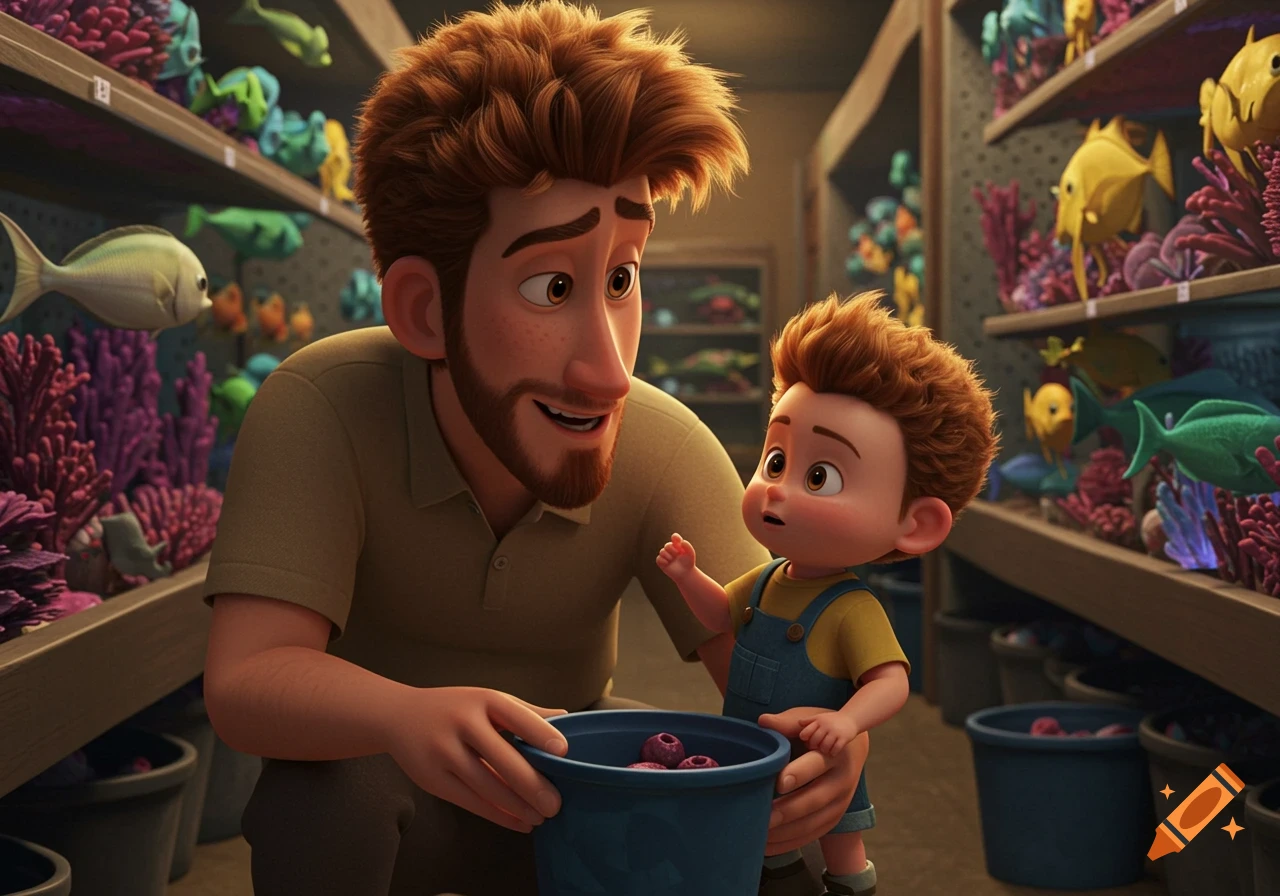 A father and son look at fish in an aquarium store, in Pixar animation style.