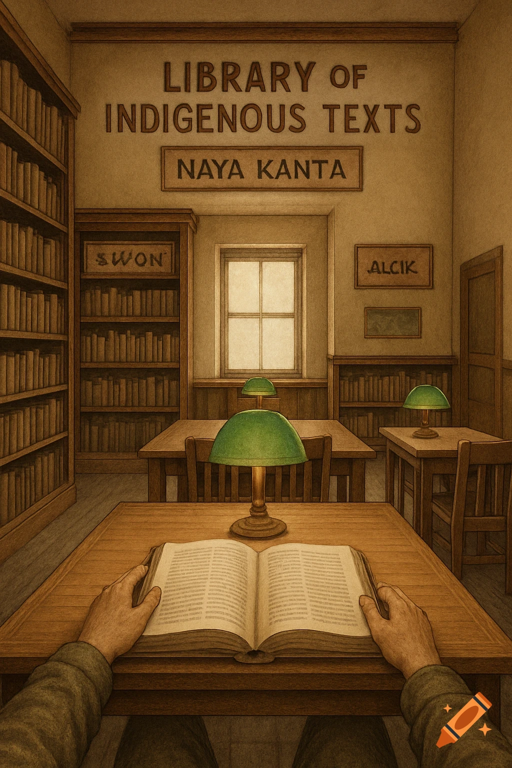 First person view of a person reading a book at a table in a textured illustration of a library with bookshelves and green lamps.