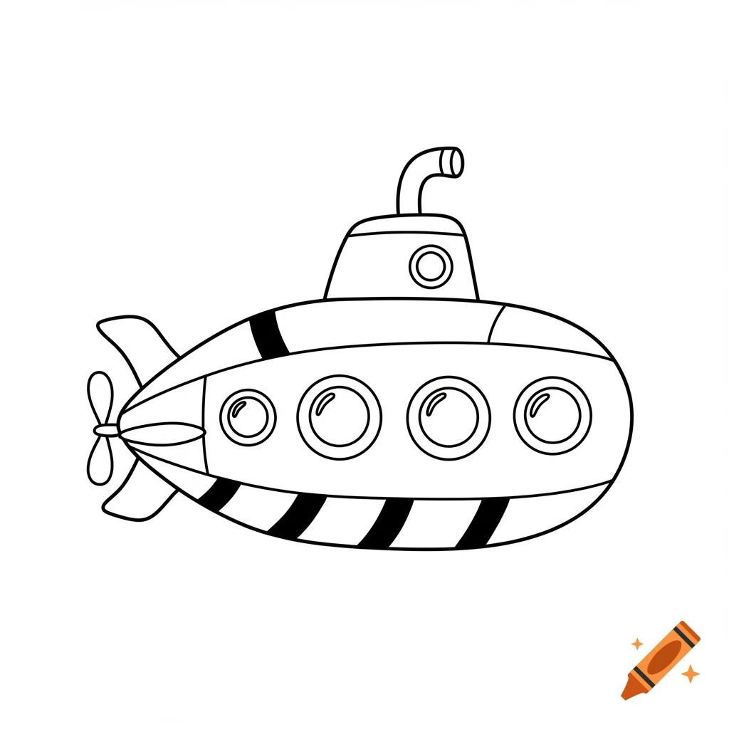 Simple black and white line drawing of a cartoon submarine in coloring page style.