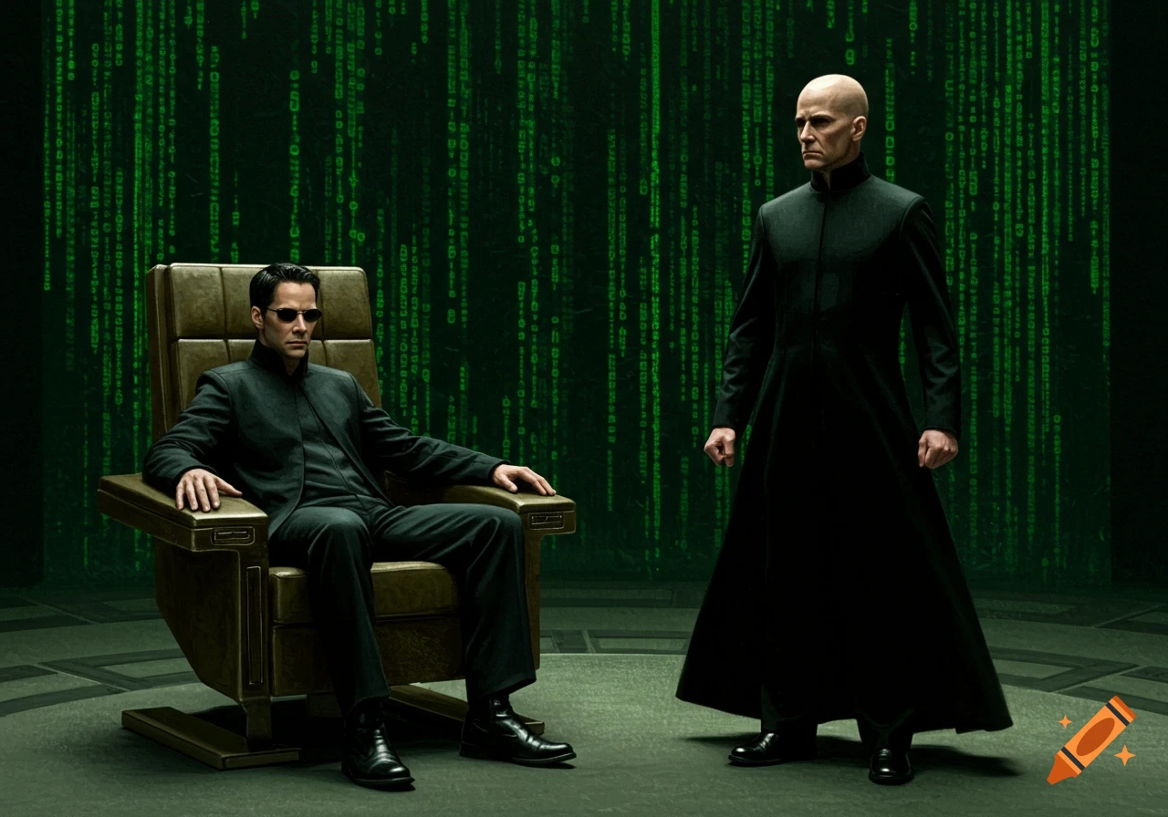Neo sits in a chair facing the standing Architect in the Matrix code background.