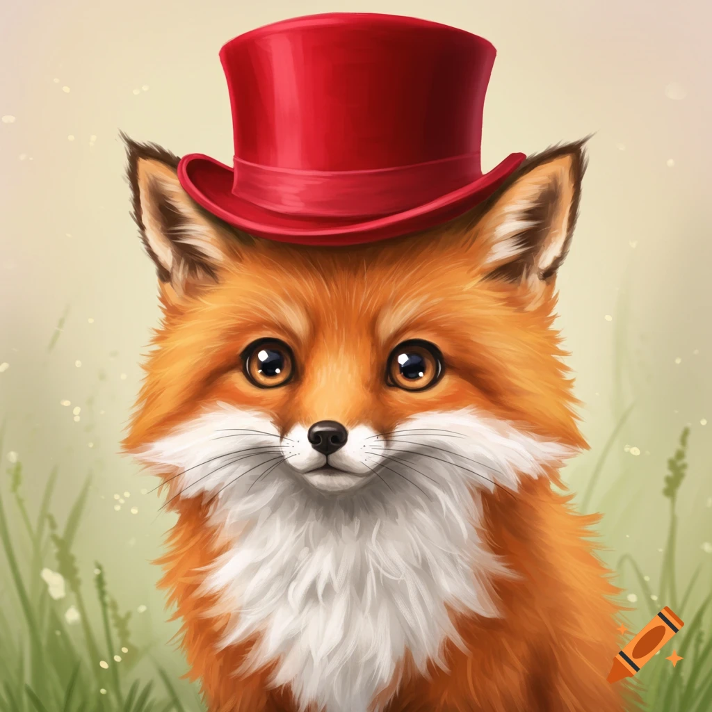 Cute fox portrait wearing a red top hat in a field, digital painting style.