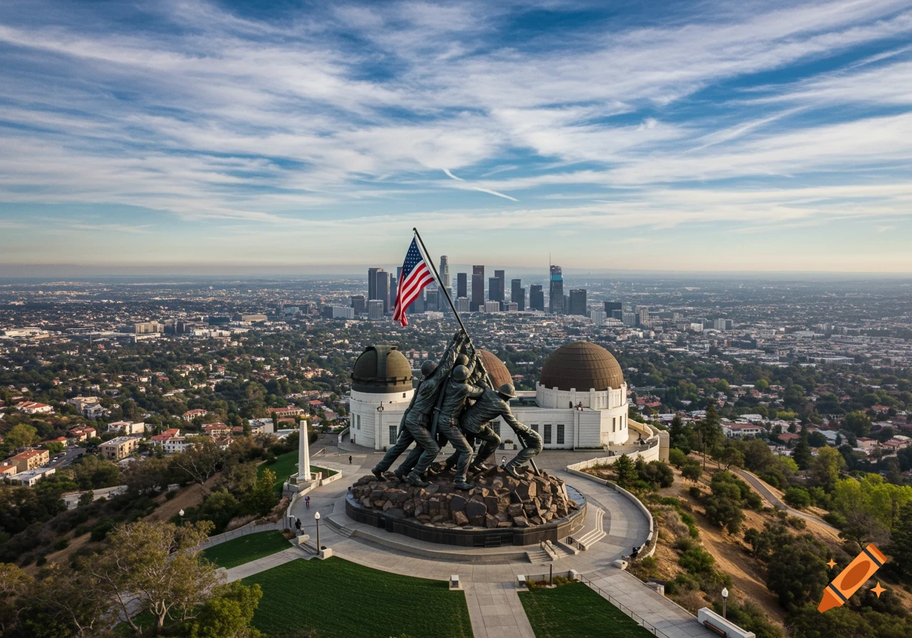 The Iwo Jima flag raising statue at the Griffith Observatory overlooking the Los Angeles skyline.