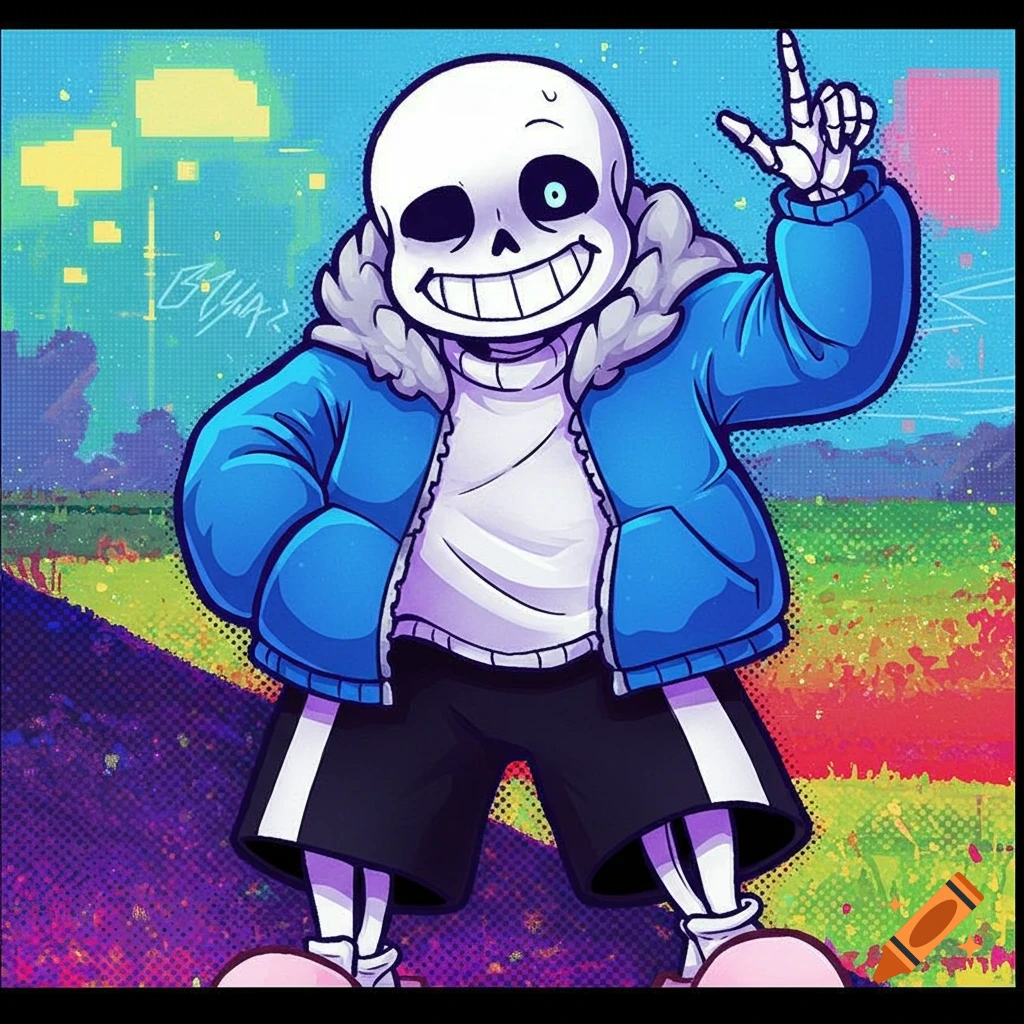 Sans from Undertale in a blue jacket, smiling and posing against a colorful background.