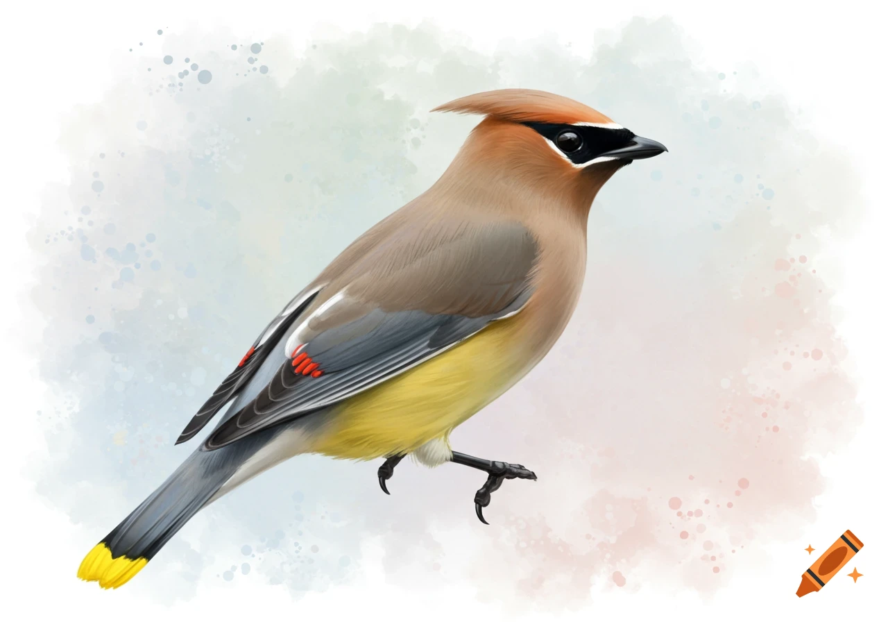 Watercolor painting of a Cedar Waxwing bird with a soft crest and yellow tail tip.