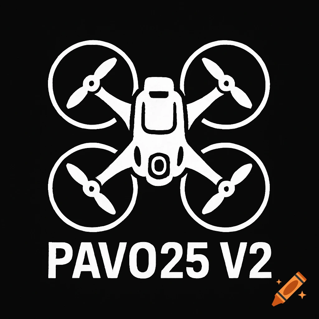 Simplified white drone logo with text "PAVO25 V2" on a black background.