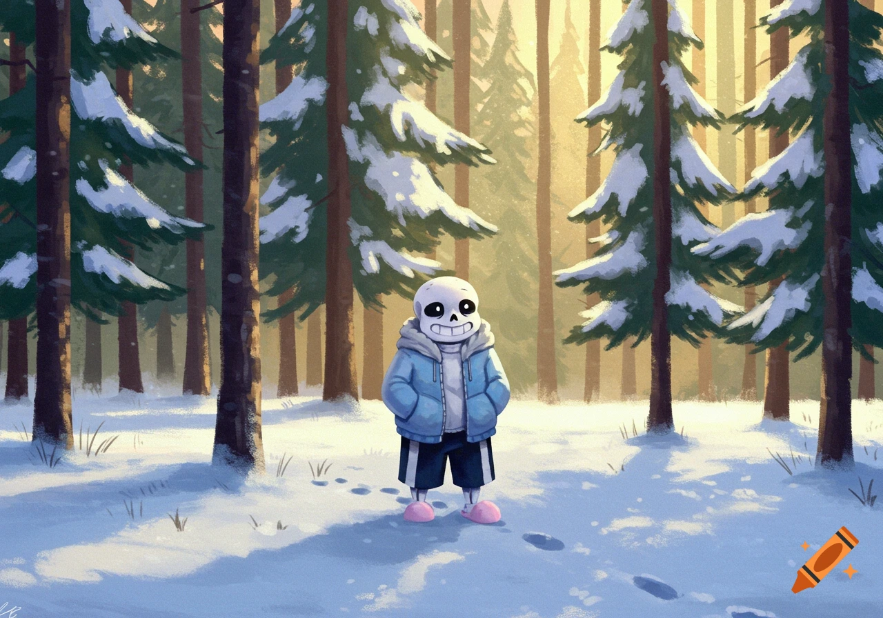 A skeleton character in a blue hoodie stands in a snowy forest with sunbeams in an illustration style.