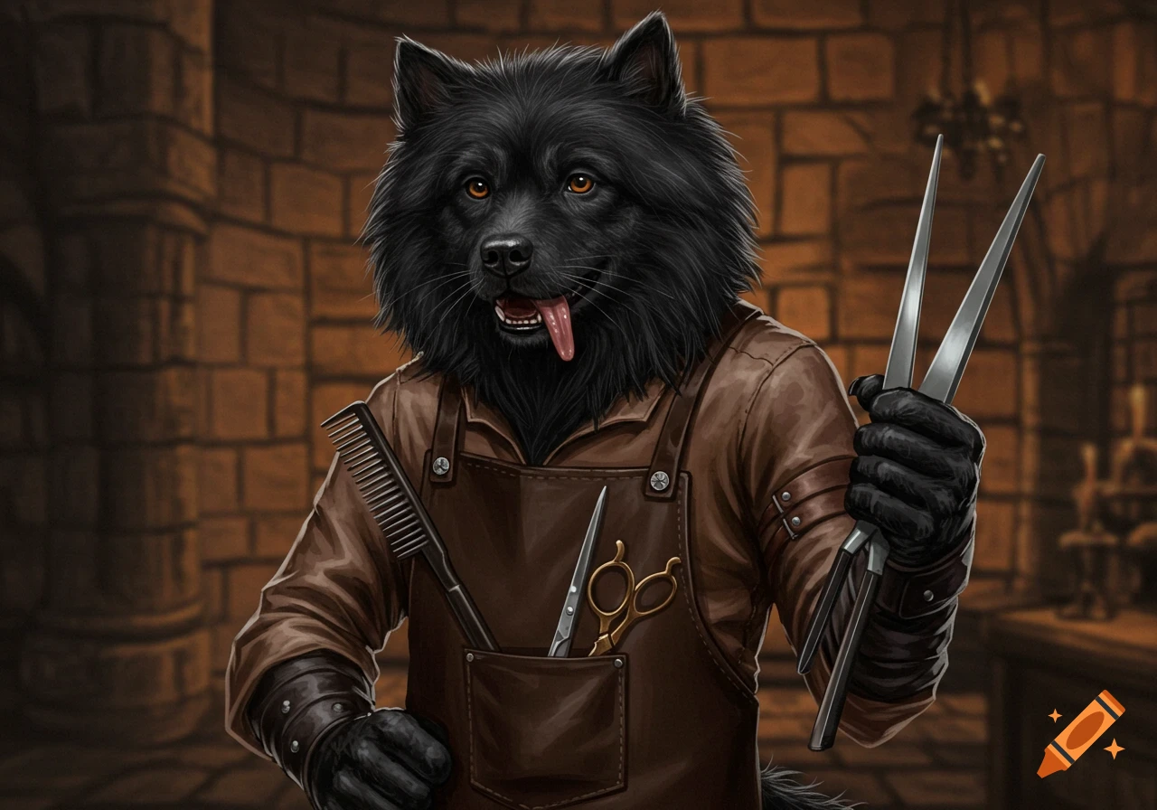 A fantasy illustration of a dog-like creature wearing a leather apron and holding haircutting scissors and a comb in a dungeon setting.