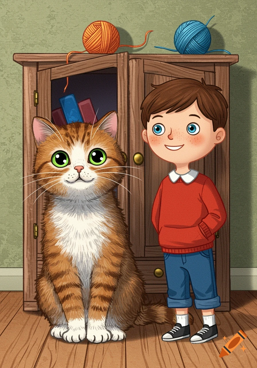 Cartoon illustration of a boy standing next to a fluffy cat near a cupboard with yarn on top.