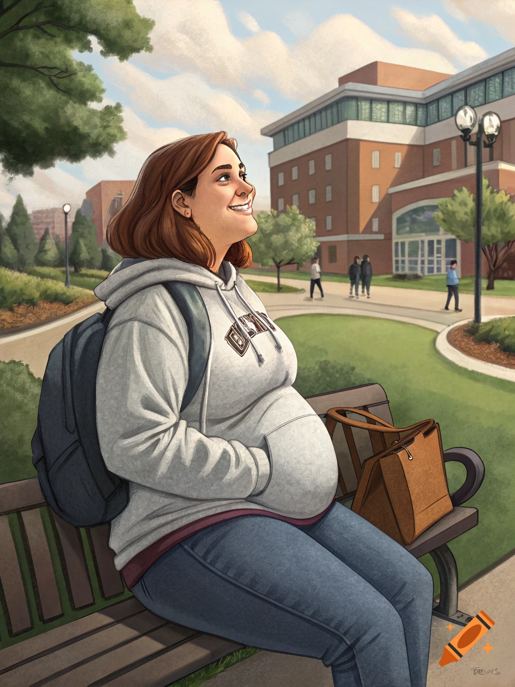 Illustration of a smiling pregnant college student sitting on a bench on campus.