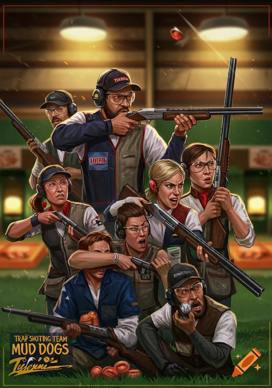Illustration of a trap shooting team with shotguns.