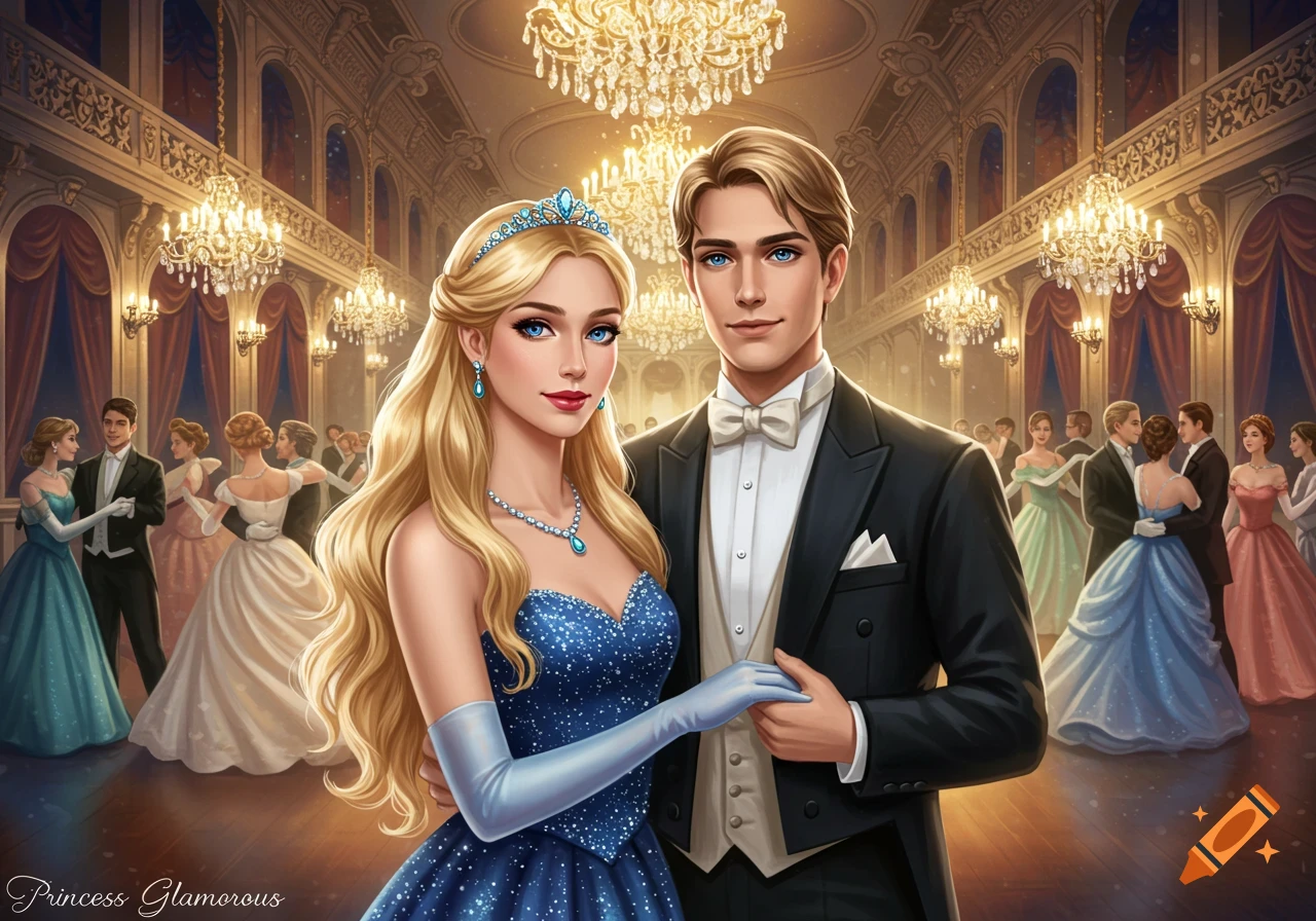 A princess and prince dance in a grand ballroom with chandeliers and other couples.
