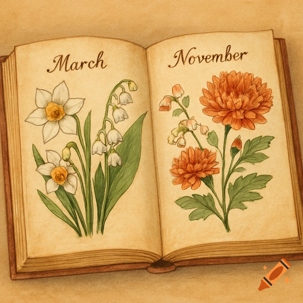A drawing of an open book showing botanical illustrations of flowers labeled 'March' and 'November'.